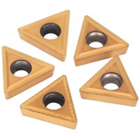 Triangular gold lathe turning tool tips set with central holes, by Sealey.