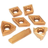 Sealey SM3025CS6 Lathe Turning Tool Tips Set, gold-colored, various geometric shapes with central holes.