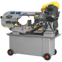 "Sealey SM35CE horizontal hydraulic arm bandsaw, gray with yellow accents, mounted on a wheeled base"