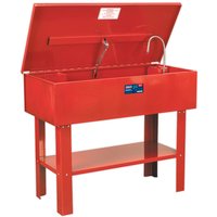 Red Sealey SM40 parts cleaning tank with open lid, flexible nozzle, and lower shelf.