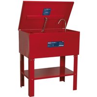 Red Sealey SM40D extra deep parts cleaning tank with open lid, metal legs, and lower shelf.