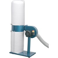 Blue and white Sealey SM46 dust extractor with cylindrical dust bag and motor housing on a sturdy base.
