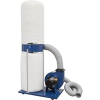 Blue Sealey SM47 dust extractor with large white dust bag and flexible gray hose.