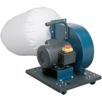 Blue and black Sealey SM48 dust extractor with large white dust bag and red emergency stop button.