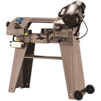 Sealey SM5 metal cutting bandsaw with angled blade, mounted on a beige wheeled floor stand with control panel.