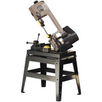 Sealey SM65 metal cutting bandsaw on black floor stand with adjustable arm and safety guard.