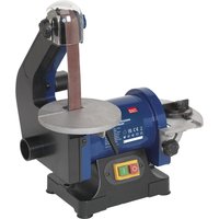 Blue and black Sealey bench sander with 125mm belt, circular sanding wheel, and adjustable work table.