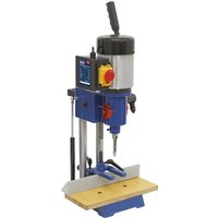 Sealey SM94 1/2" Hollow Chisel Morticer, blue and silver body, black handle, yellow and red controls, wooden base.