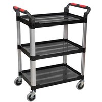 Black and silver 3-level composite workshop trolley with red handle grips and swivel casters.