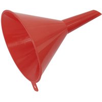 Red Sealey funnel with a fixed spout and small handle loop, conical shape.