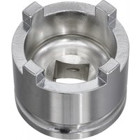 Sealey SMC19 swingarm locknut socket, silver, 4-pin, 43mm diameter, cylindrical with square drive hole.