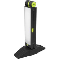 Black and green Sealey SMD LED 3 in 1 folding floodlight worklight with a rectangular light panel and sturdy base.