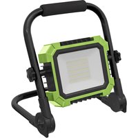 Green and black Sealey SMD LED portable floodlight work light with adjustable stand and rectangular light panel.