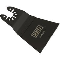 Black Sealey SMTA65W multi-tool blade for wood, 65mm wide, with serrated edge and Sealey logo on the flat surface.