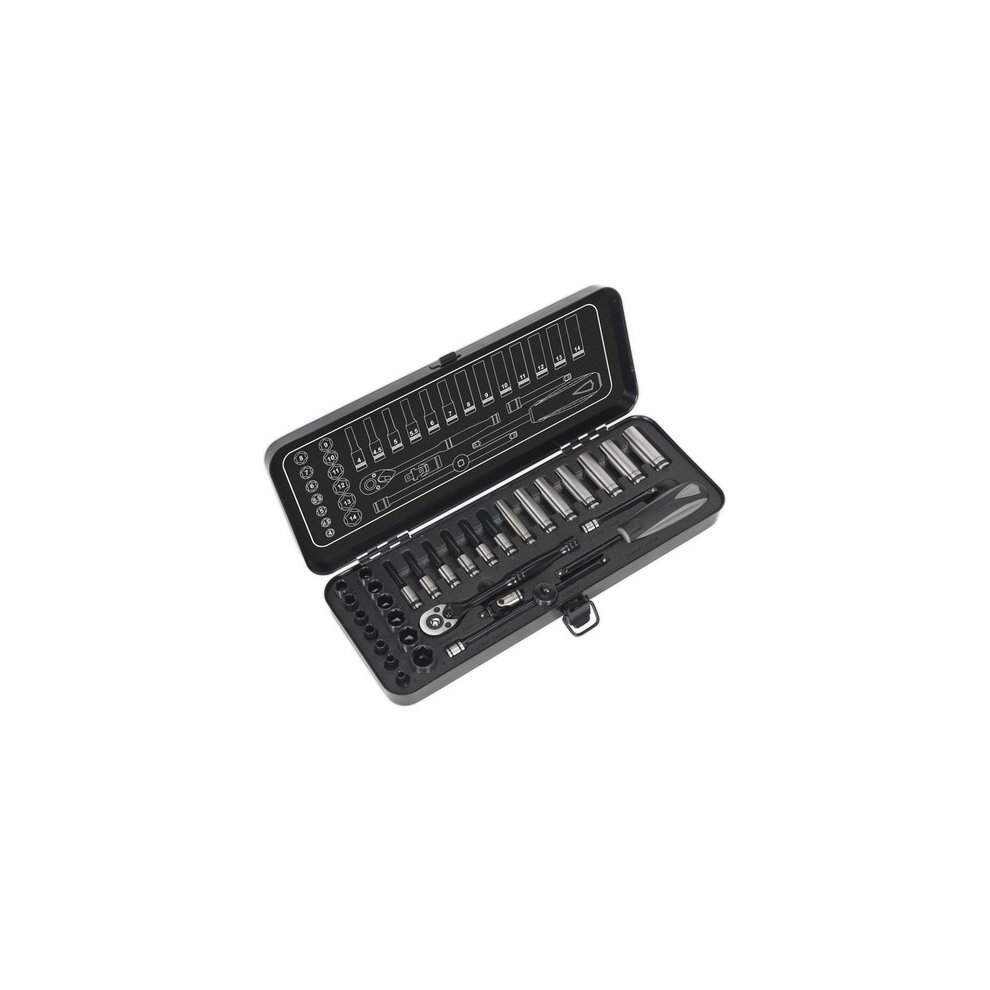 32-piece Sealey AK7970 socket set in a black plastic case, featuring 1/4" square drive, 6-point WallDrive® metric sockets, and a compact design for easy storage.
