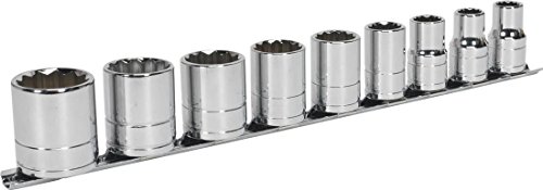 Nine chrome-plated Whitworth sockets arranged on a metal rail, featuring varying sizes for 1/2" square drive, showcasing a shiny, durable finish.