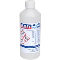White Sealey Solder Fluxing Fluid bottle with red hazard symbols and blue text label.