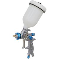 Silver Sealey SP air spray gun with white gravity feed cup and blue adjustment knobs.
