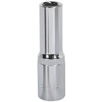 Silver Sealey Walldrive socket, 12mm deep, 1/2in square drive, fully polished finish with knurled grip section.