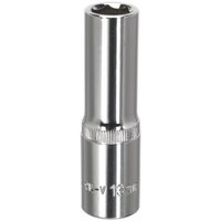 Silver Sealey deep socket, 13mm, 1/2in square drive, fully polished with Walldrive® design and engraved markings.