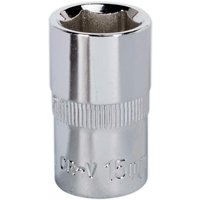 Silver Sealey 15mm Walldrive socket, 1/2in square drive, fully polished with knurled grip and engraved markings.