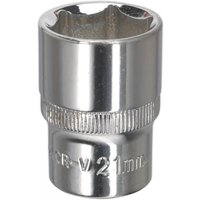 Silver Sealey Walldrive® socket, 21mm, 1/2in square drive, fully polished with engraved size marking.