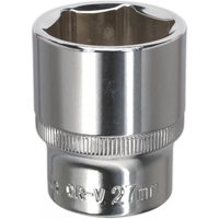 Sealey Walldrive socket, 27mm, 1/2inSq drive, fully polished silver finish with knurled grip near base.