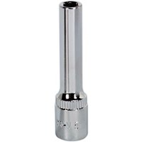 Sealey 5mm deep socket, 1/4in square drive, fully polished silver finish, elongated cylindrical shape.