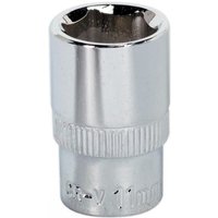 Silver Sealey Walldrive socket, 11mm, 1/4in square drive, fully polished with ribbed grip section.