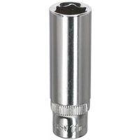 Silver Sealey deep socket with 11mm Walldrive, 1/4in square drive, fully polished finish, knurled grip at base.