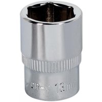 Silver Sealey Walldrive socket, 13mm, 1/4in square drive, fully polished with ribbed grip and engraved markings.
