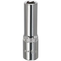 Silver Sealey 9mm deep socket with 3/8in square drive, fully polished finish, and engraved branding.