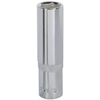 Silver Sealey Walldrive socket, 12mm deep, 3/8inSq drive, fully polished with a knurled grip section.