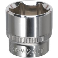 Silver Sealey Walldrive socket, 24mm, 3/8in square drive, fully polished with engraved size marking.