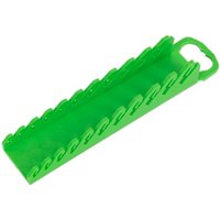 Green Sealey spanner rack for 10 stubby spanners, featuring a handle and slots for organized tool storage.