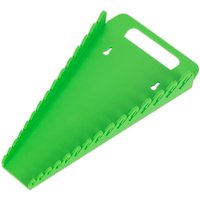 Green Sealey spanner rack with 15 slots, triangular shape, and handle cutout at the top.