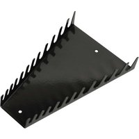 Black Sealey spanner rack with magnetic base, holds 12 spanners, features angled slots and two mounting holes.