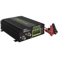 Black Sealey SPBC30 battery charger with ribbed sides, dual dials, digital display, and red-black clamps.