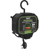 Black Sealey SPBC8 automatic battery charger with digital display, green accents, and UK plug, hanging hook on top.