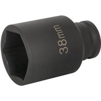 Black Sealey 1/2" drive deep hexagon impact socket with 38mm marking and durable matte finish.