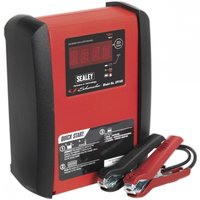 Red and black Sealey battery charger with digital display and attached red and black clamps.
