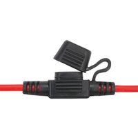 Black Sealey splashproof mini blade fuse holder with red wires and a hinged protective cover.