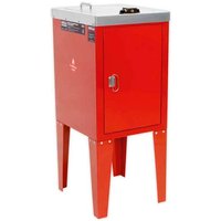 Red Sealey spray gun cleaning tank with two-gun capacity, tall rectangular design, and a front door handle.