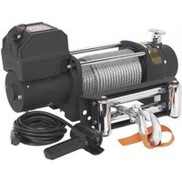 Sealey SRW5450 self-recovery winch, black with silver cable, orange strap, and attached control cable.