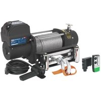 Black Sealey self-recovery wireless winch with steel cable, remote control, and orange strap attachment.