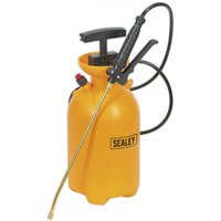 Yellow Sealey SS2 pressure sprayer 5L with black handle, hose, and brass nozzle.