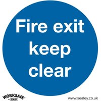 Blue circular safety sign with white text "Fire exit keep clear," self-adhesive vinyl, pack of 10 by Sealey.