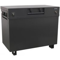 Black Sealey site box with sturdy handles, lockable latches, and elevated base, measuring 1125 x 610 x 925mm.