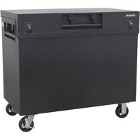 Black Sealey site box with wheel kit, rectangular shape, side handles, and lockable lid.
