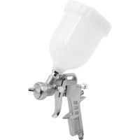 Silver Sealey gravity feed air spray gun with white plastic cup and ergonomic handle.